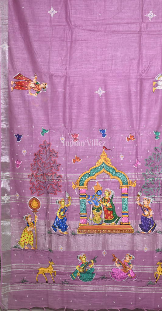 || राधाकृष्ण ||Baby Pink Radha Krishna Hand-Painted Pattachitra Saree