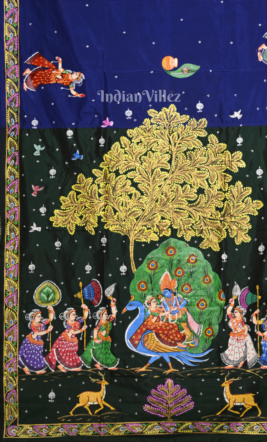 Blue Green (Mayur) & Nartaki Theme  Hand-Painted Pattachitra Saree 