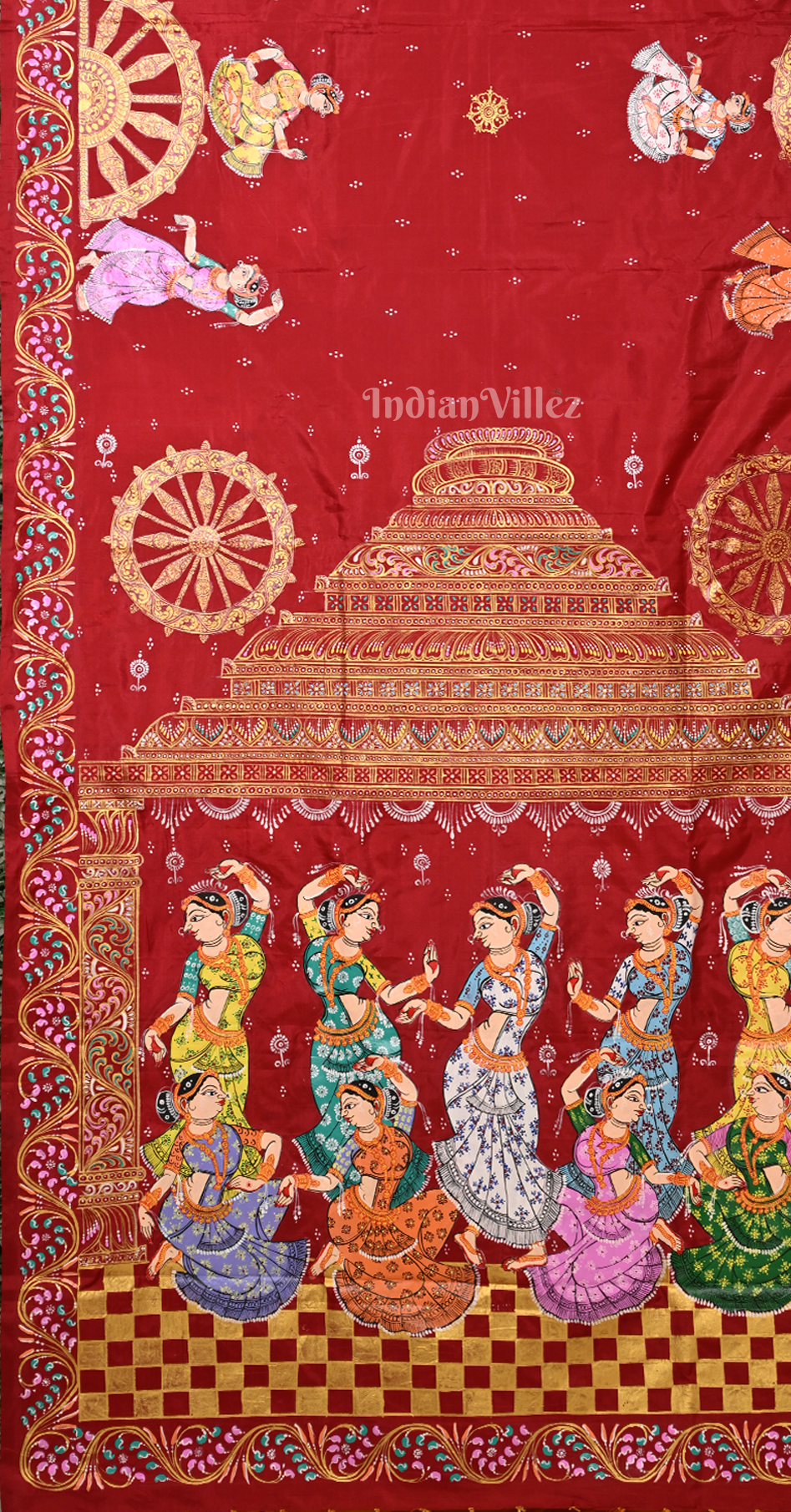 Red Mustard Yellow Nartaki Konark Temple Hand-Painted Pattachitra Saree
