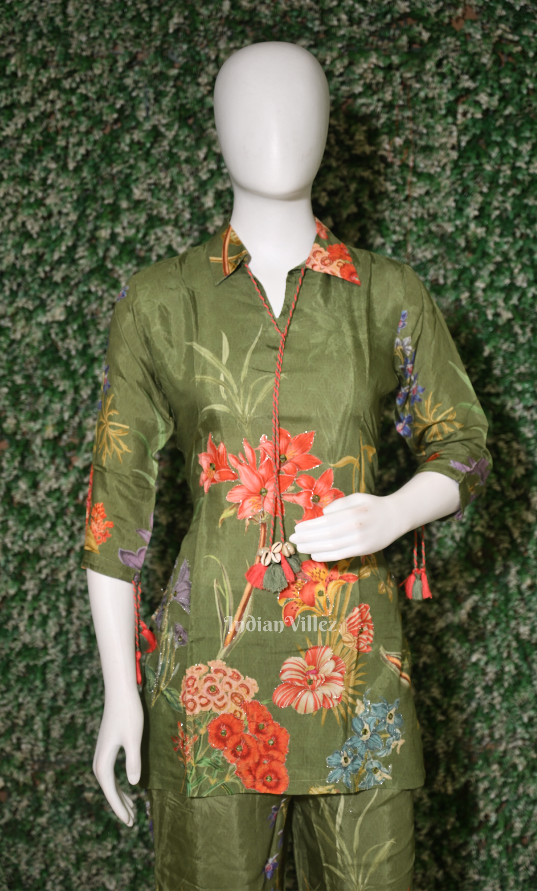 Designer Mehendi Green Floral Printed Kurta & Pant Set-(Co-Ords Set) 