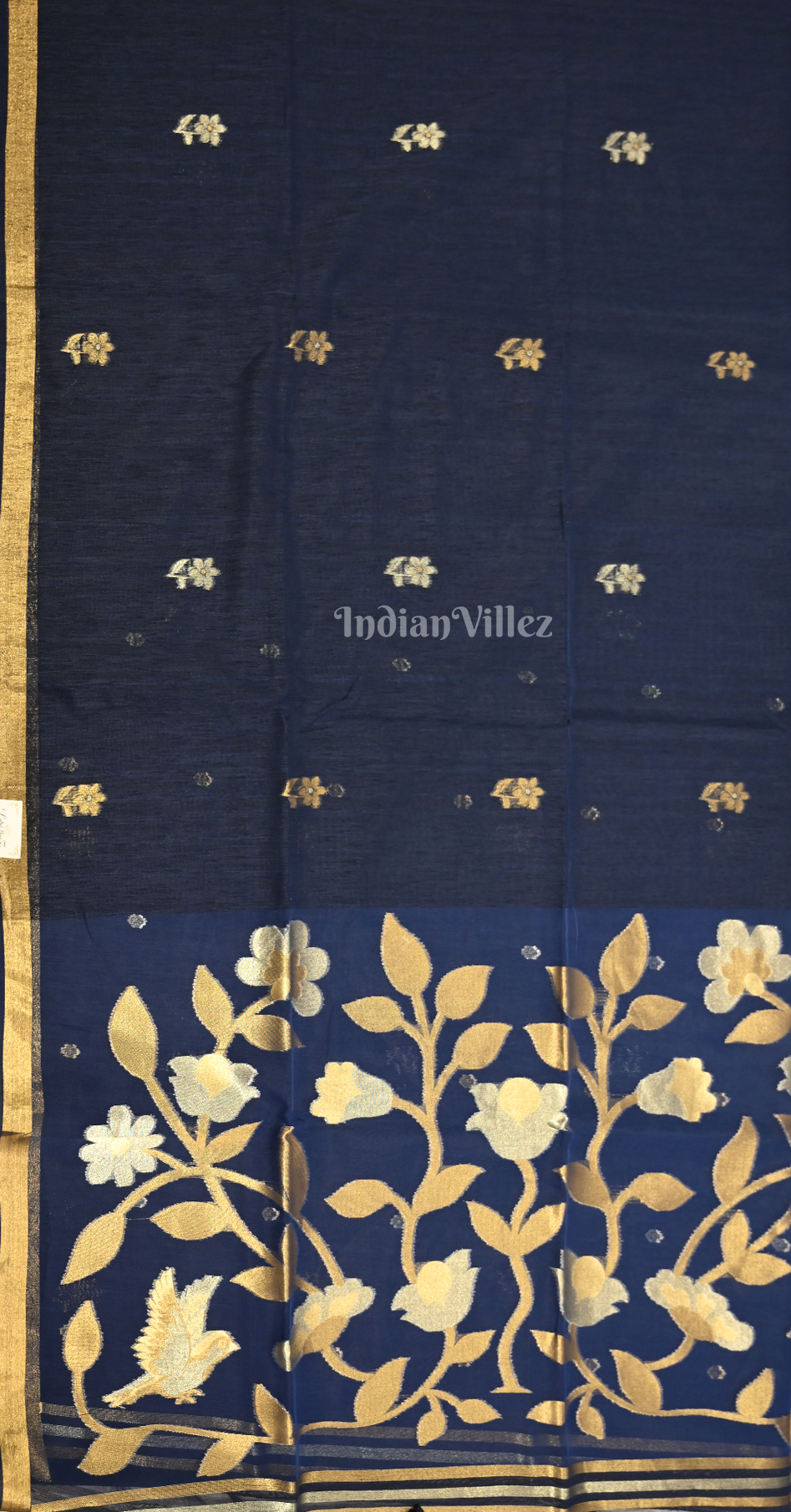 Blue Linen Cotton Saree with Gold Zari Floral Pallu