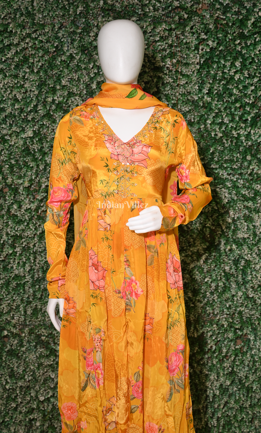  Yellow Floral-Printed Georgette Anarkali kurta Plazzoo with Dupatta Set