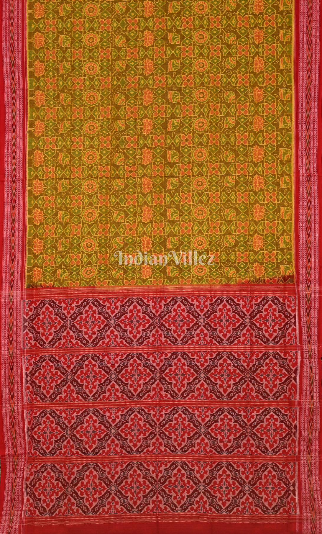 Mehendi Green Red Odisha Ikat Sambalpuri Cotton Saree 