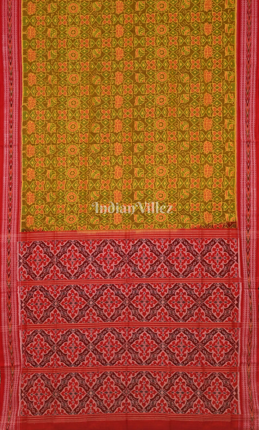 Mehendi Green Red Odisha Ikat Sambalpuri Cotton Saree 