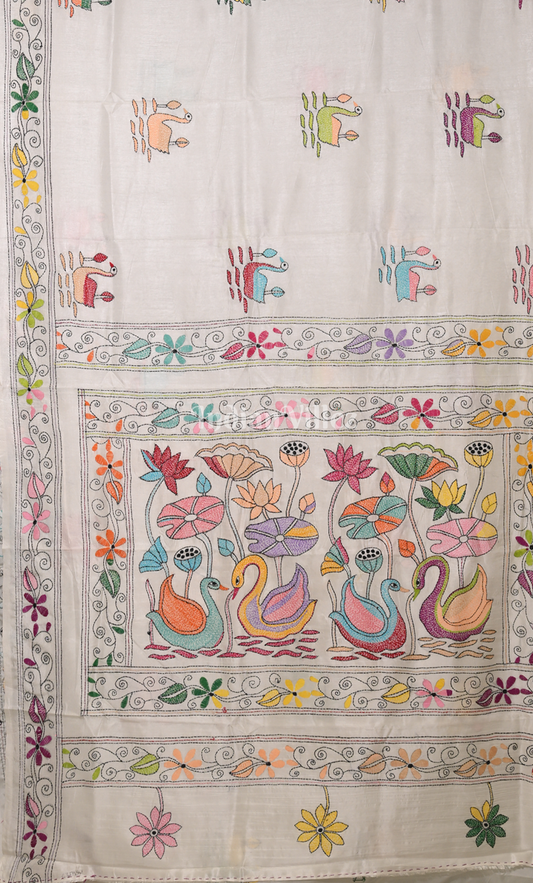 White with MultiColur Handwoven Kantha Stitch Silk Saree