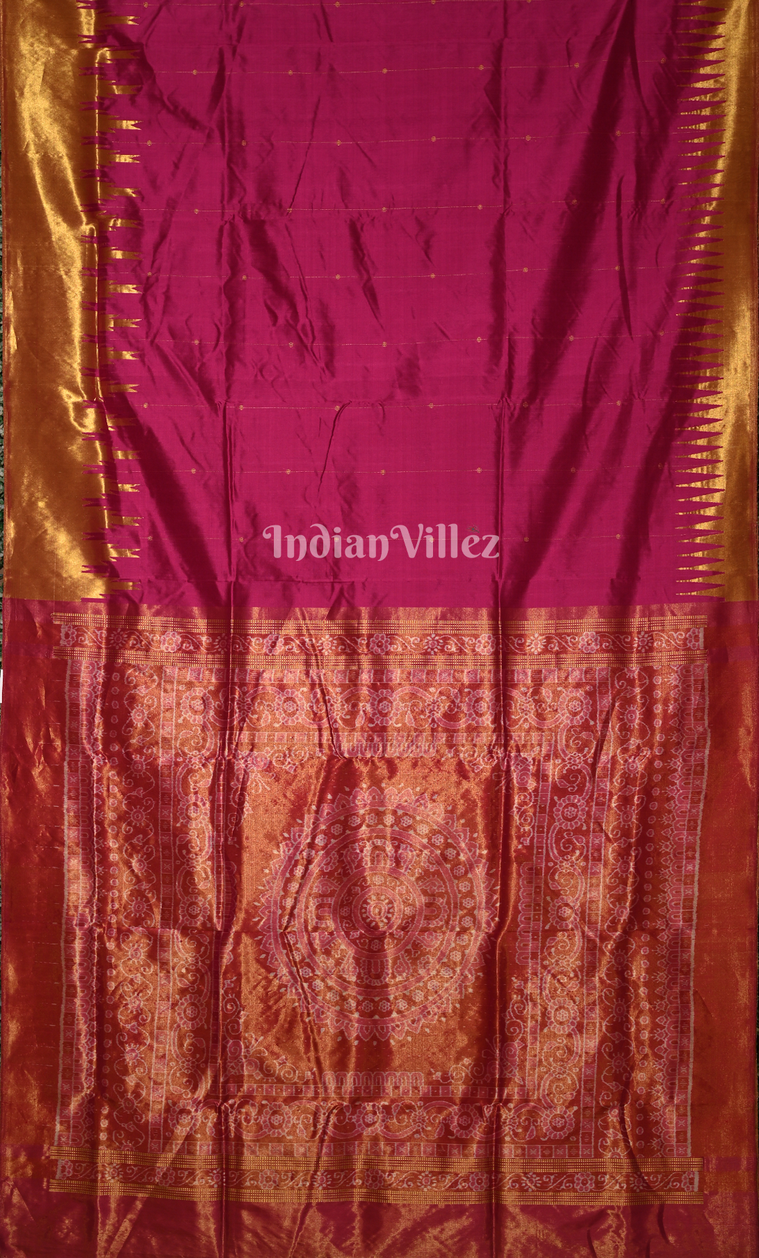 Magenta Pink Golden Phoda Kumbha Half Tissue Sambalpuri Silk Saree 