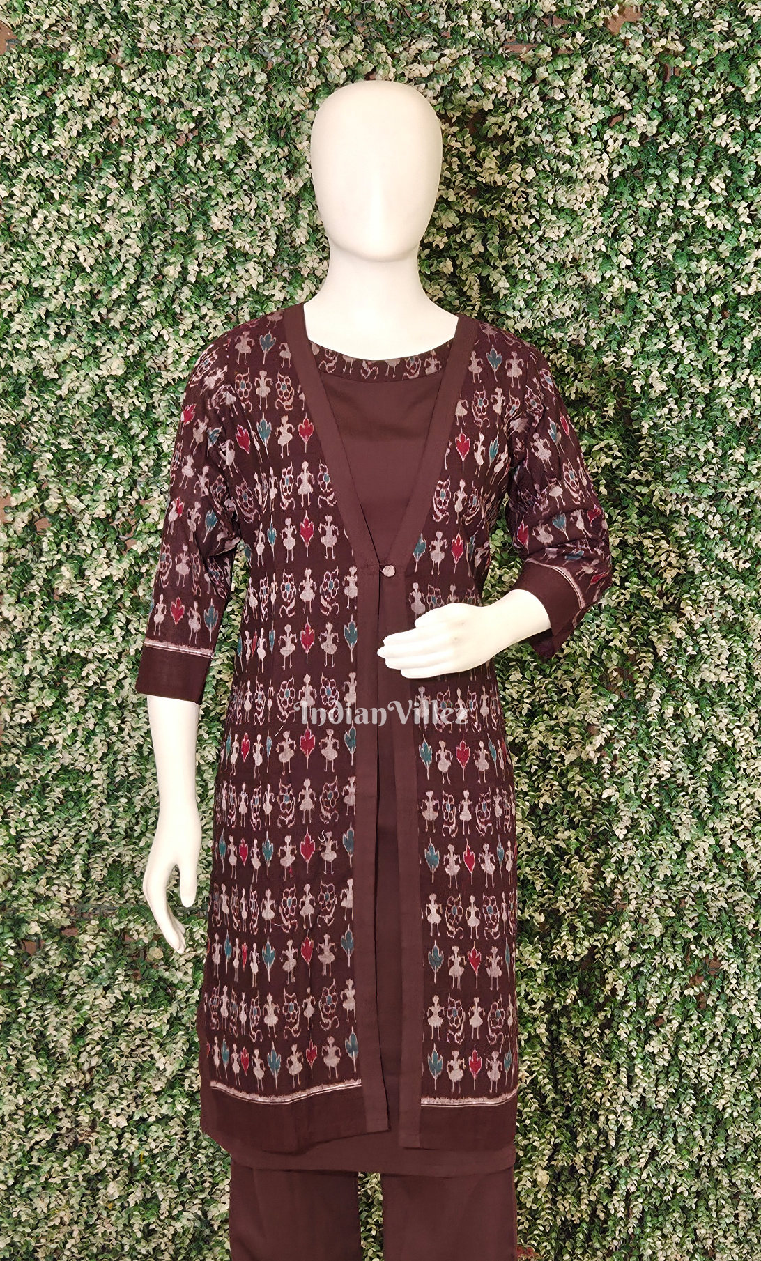 Coffee Tribal Design Odisha Ikat Designer Cotton Kurti Set with Jacket-(3 Piece Set)