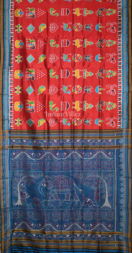 Red Blue Nabarangi Nabakothi Odisha Ikat Khandua Silk Saree