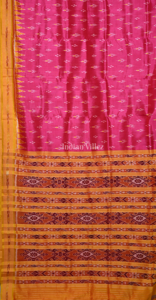 Rani Pink Yellow Mayur Chandrika Odisha Ikat Khandua Silk Saree