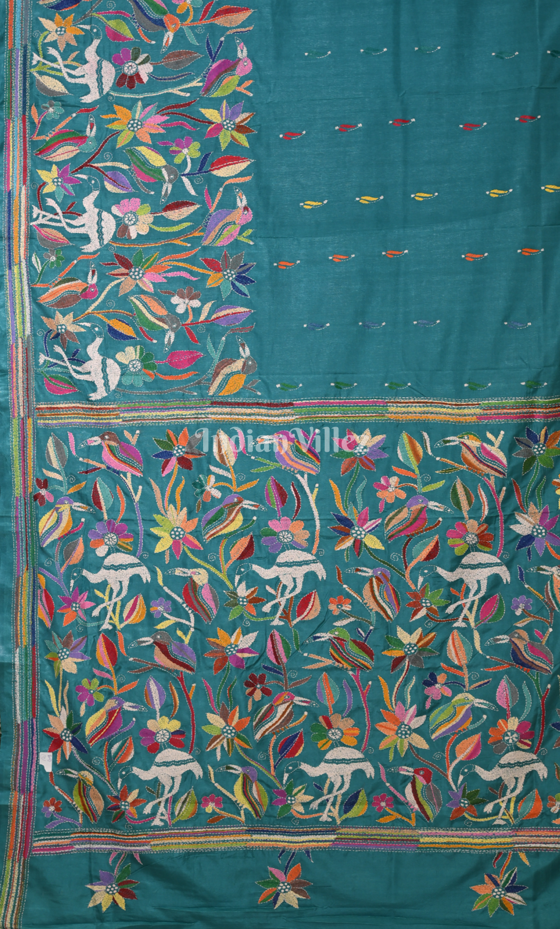 Teal Blue Bird Motif Handwoven Kantha Stitch Silk Saree 