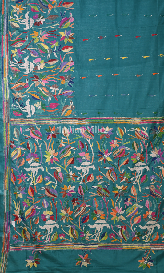Teal Blue Bird Motif Handwoven Kantha Stitch Silk Saree 