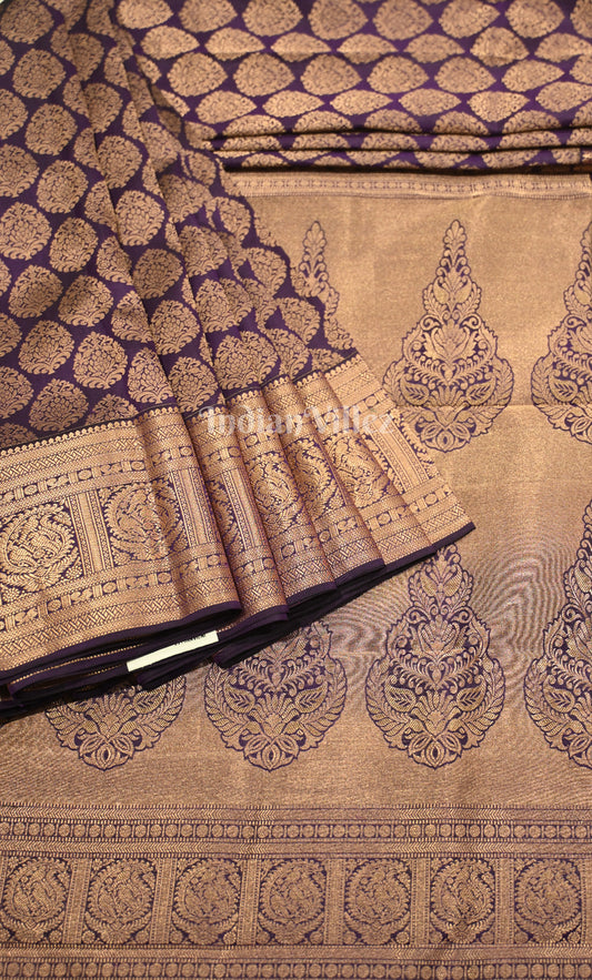 Deep Purple Golden Pure Kanjivaram Silk Saree with Zari Brocade 
