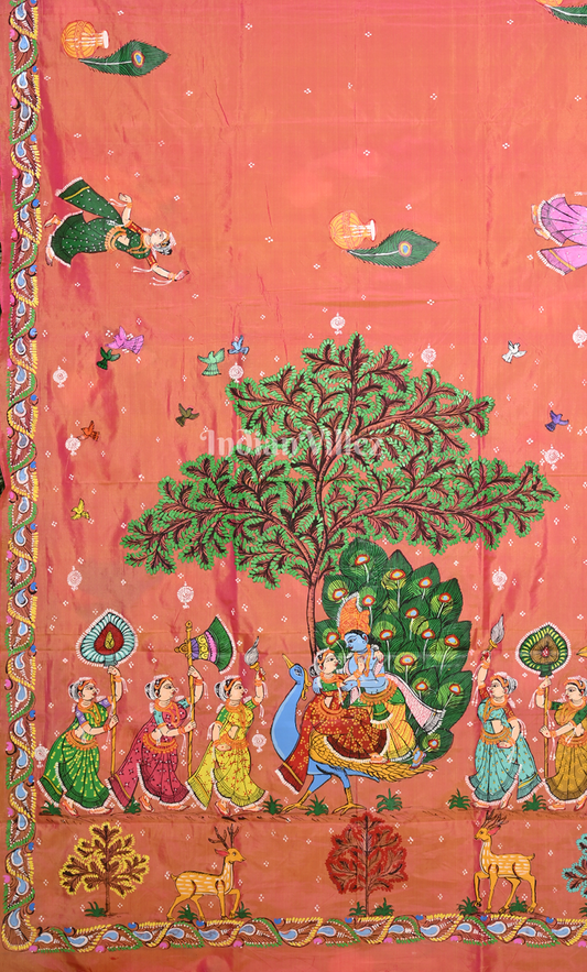 Peach (Mayur) & Nartaki Theme  Hand-Painted Pattachitra Saree