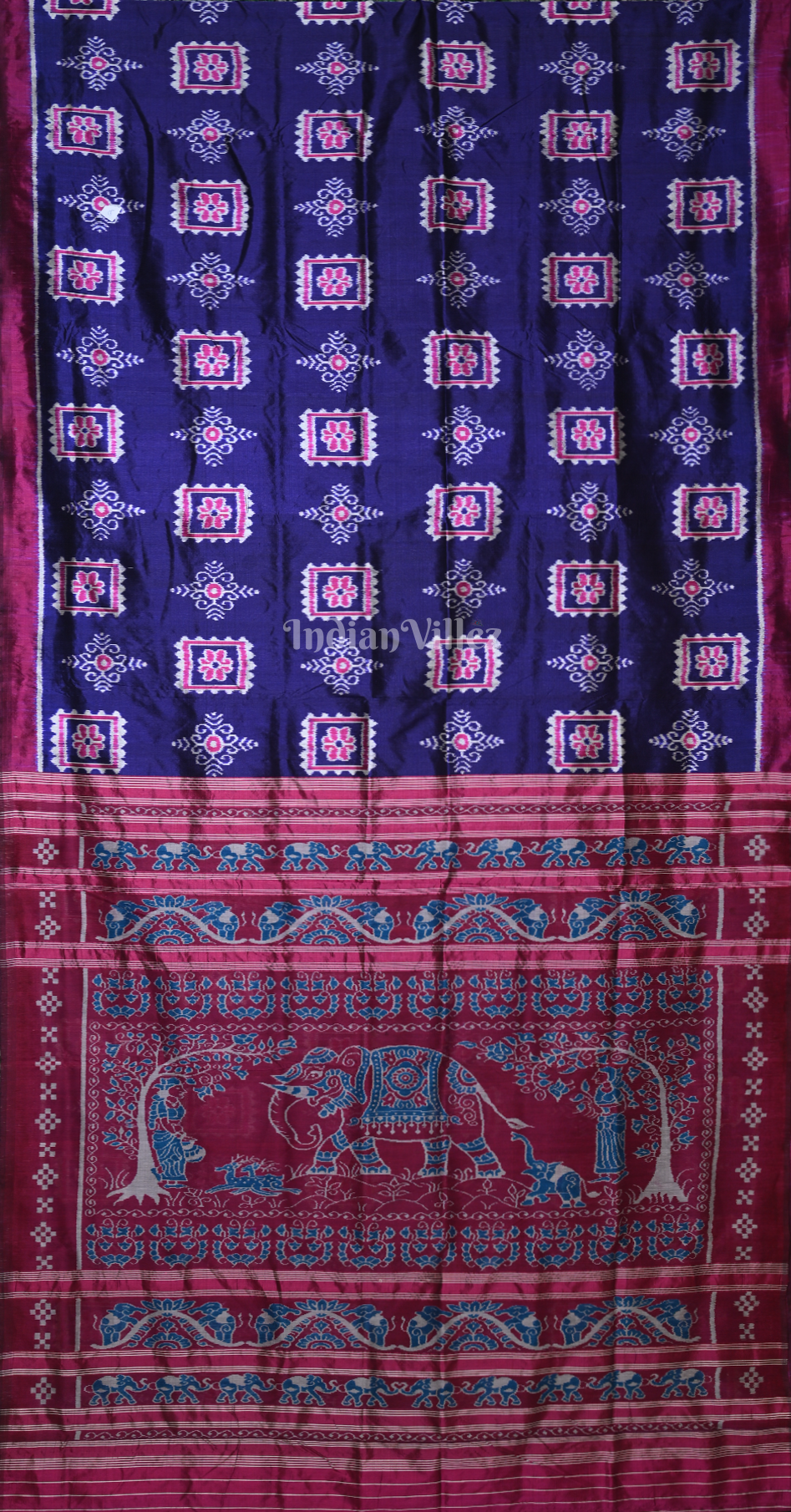 Blue Magenta Pink Odisha Ikat Contemporary Designer Silk Saree with Elephant Anchal