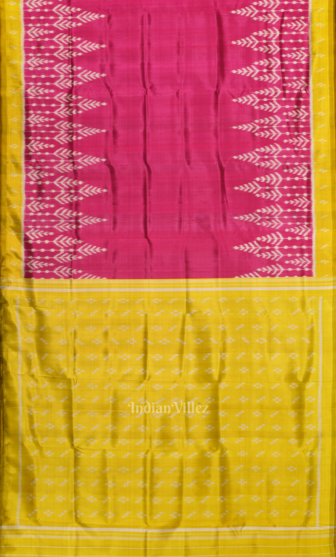 Rani Pink Yellow Odisha Ikat Contemporary Designer Silk Saree