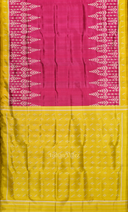 Rani Pink Yellow Odisha Ikat Contemporary Designer Silk Saree