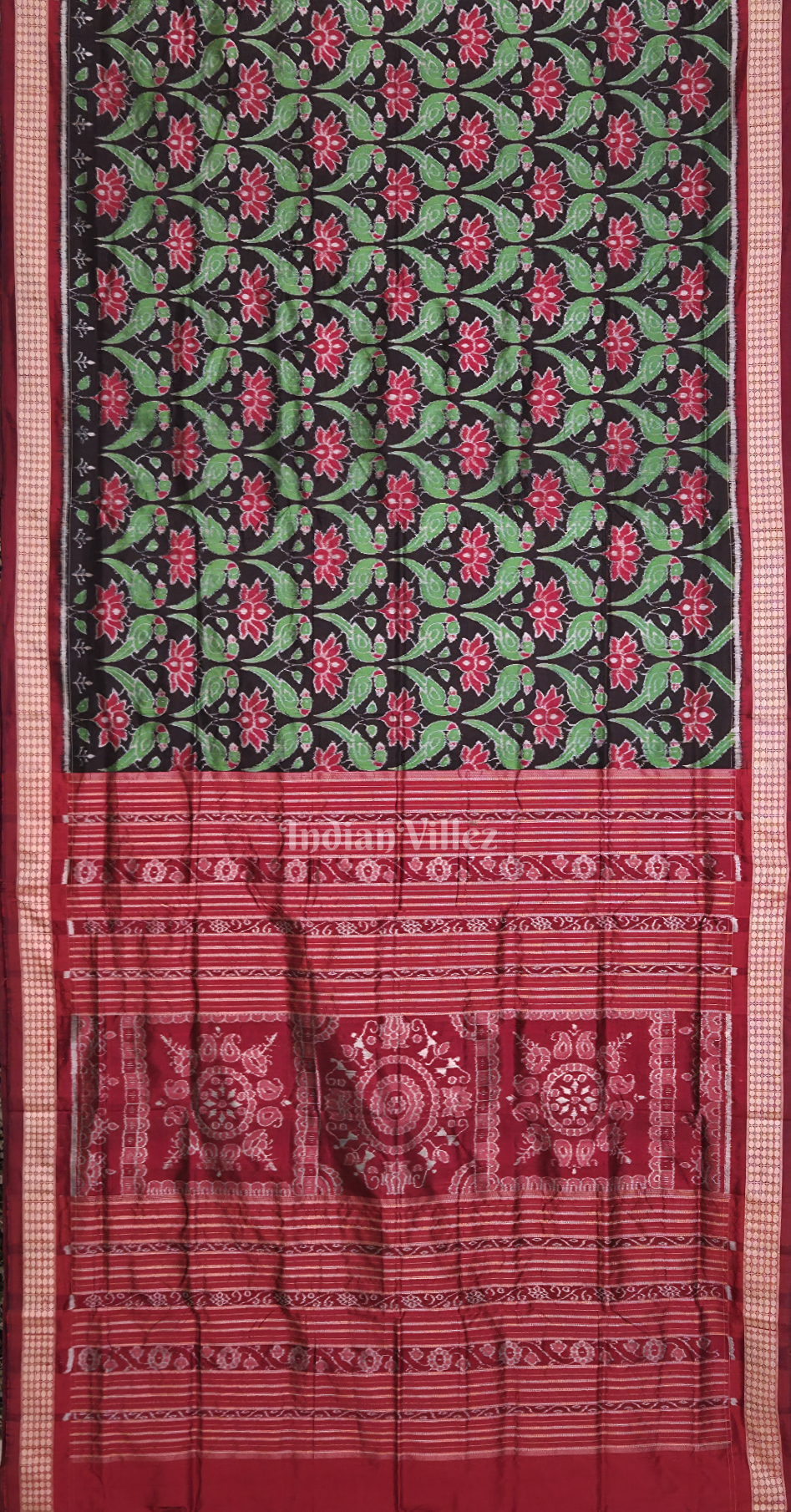 Black Red Lotus Parrot Motif Odisha Ikat Sambalpuri Silk Saree 