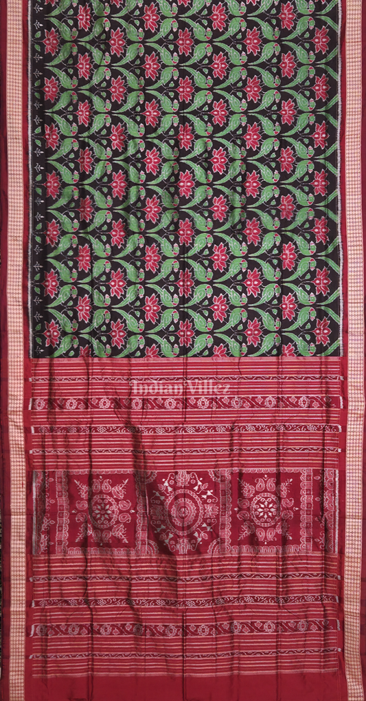 Black Red Lotus Parrot Motif Odisha Ikat Sambalpuri Silk Saree 