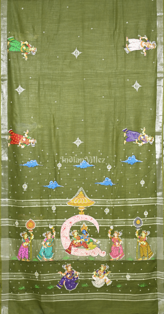 Mehendi Green Ardha Chandra Krishna Rasa Leela Hand-Painted  Pattachitra Saree(Linen) 