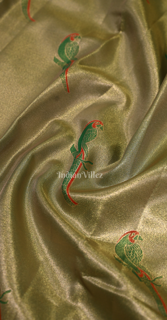 Light Parrot Green Red Pure Kanjivaram Tissue Silk Saree