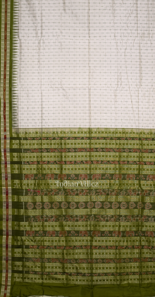 White Olive Green Hazarbuti Odisha Ikat Tussar Silk Saree