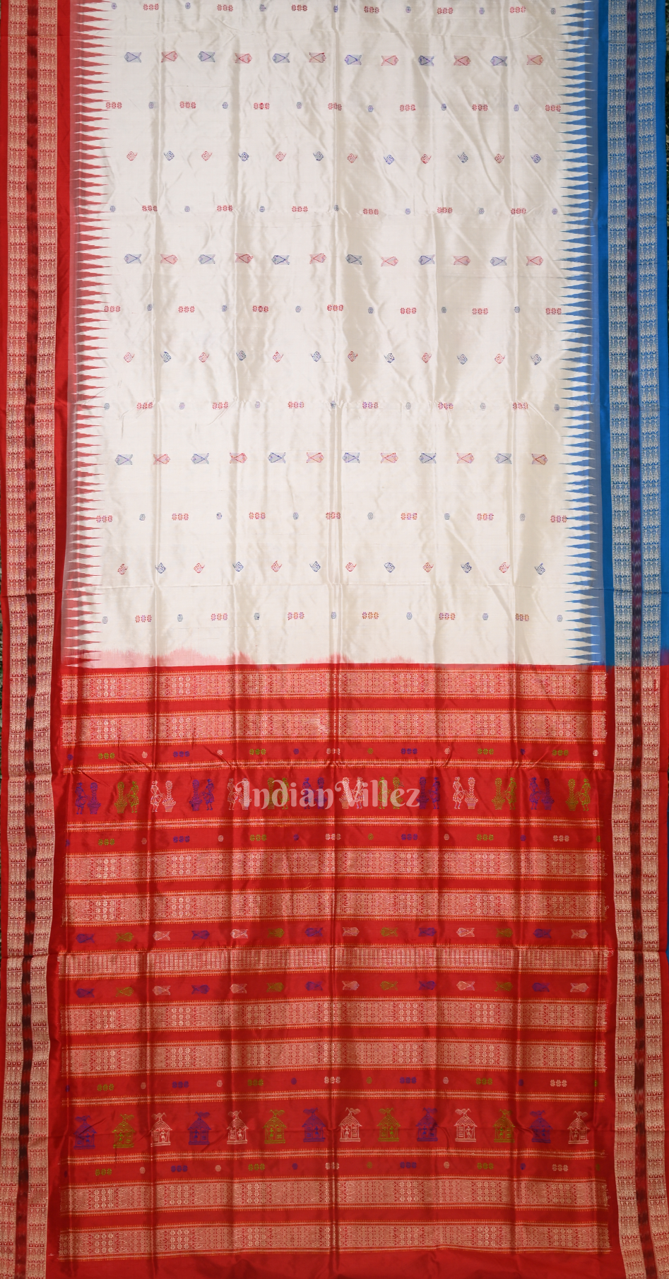  White Red Ganga Jamuna Border Odisha Ikat Bomkai Silk Saree