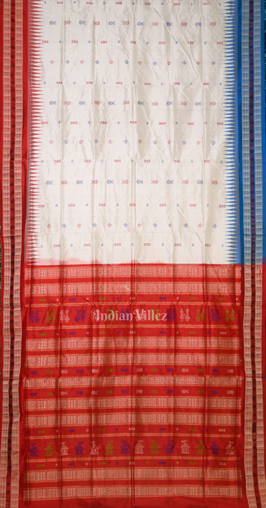  White Red Ganga Jamuna Border Odisha Ikat Bomkai Silk Saree