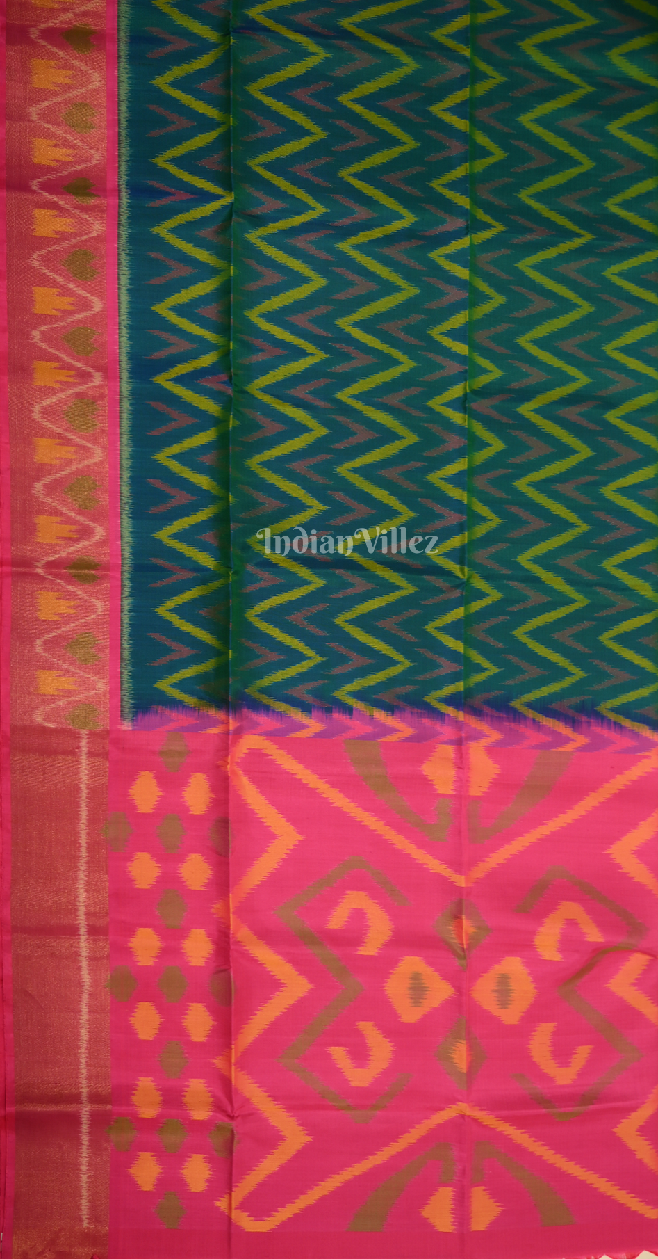 Green Pink Zigzag Pochampally Ikat Silk Saree