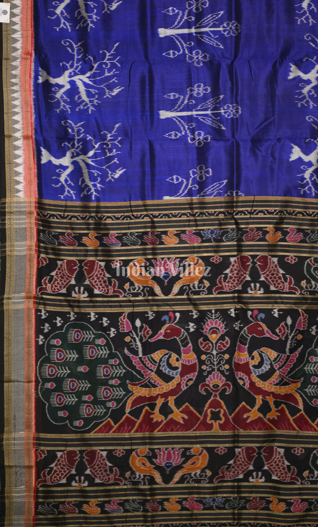 Blue Black Tree Motif Odisha Ikat Khandua Silk Saree