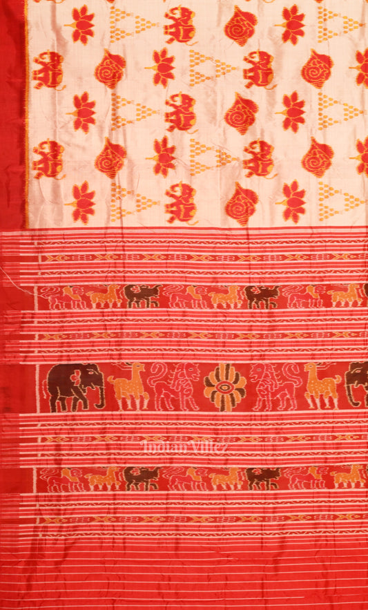 Off White Red Nabarangi Odisha Ikat Khandua Silk Saree 