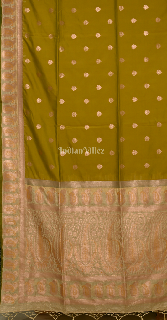 Olive Green Booti Motif Designer Pure Satin Banarasi Silk Saree
