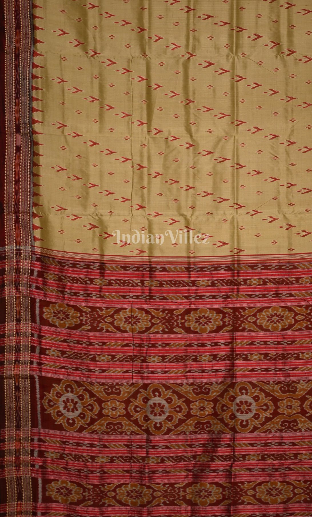 Cream Maroon Mayur Chandrika Odisha Ikat Khandua Silk Saree 