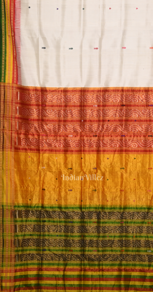 White Green Fish Motif Kathiphera Odisha Ikat Khandua Silk Saree