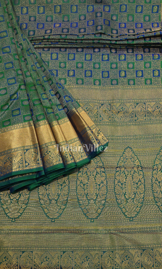 Blue Green Pure Kanjivaram Silk Saree with Zari Brocade