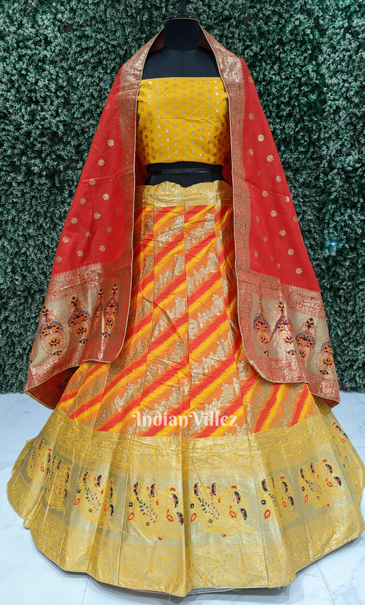 Party Wear Yellow Red Soft Silk Jacquard Lehenga Choli With Dupatta