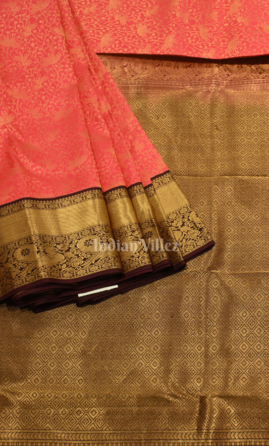 Peach Pink Coffee pure Kanjivaram Silk Saree with Zari Brocade