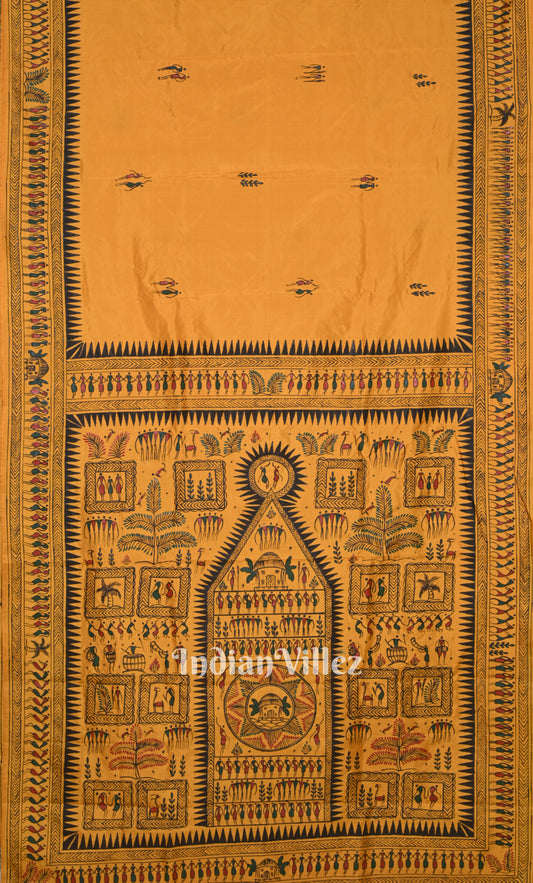  Mustard Yellow Saura Tribal Art Hand-Painted Pattachitra Saree 