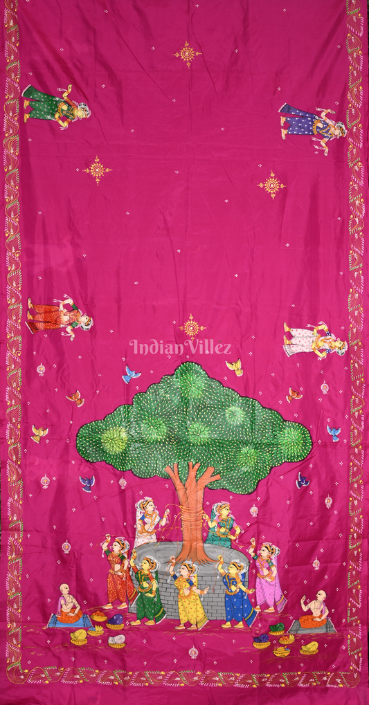 Rani Pink Vat Sabitri Theme Hand-Painted Pattachitra Saree