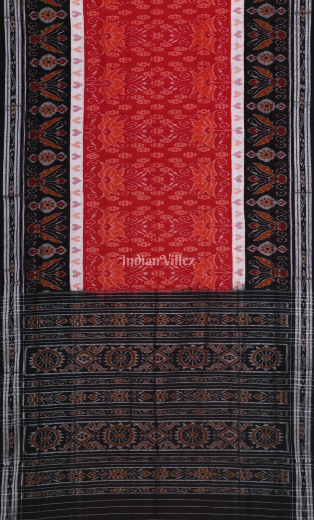 Red Black Flower Motif Odisha Ikat Sambalpuri Cotton Saree