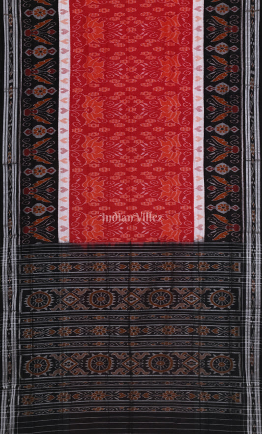 Red Black Flower Motif Odisha Ikat Sambalpuri Cotton Saree
