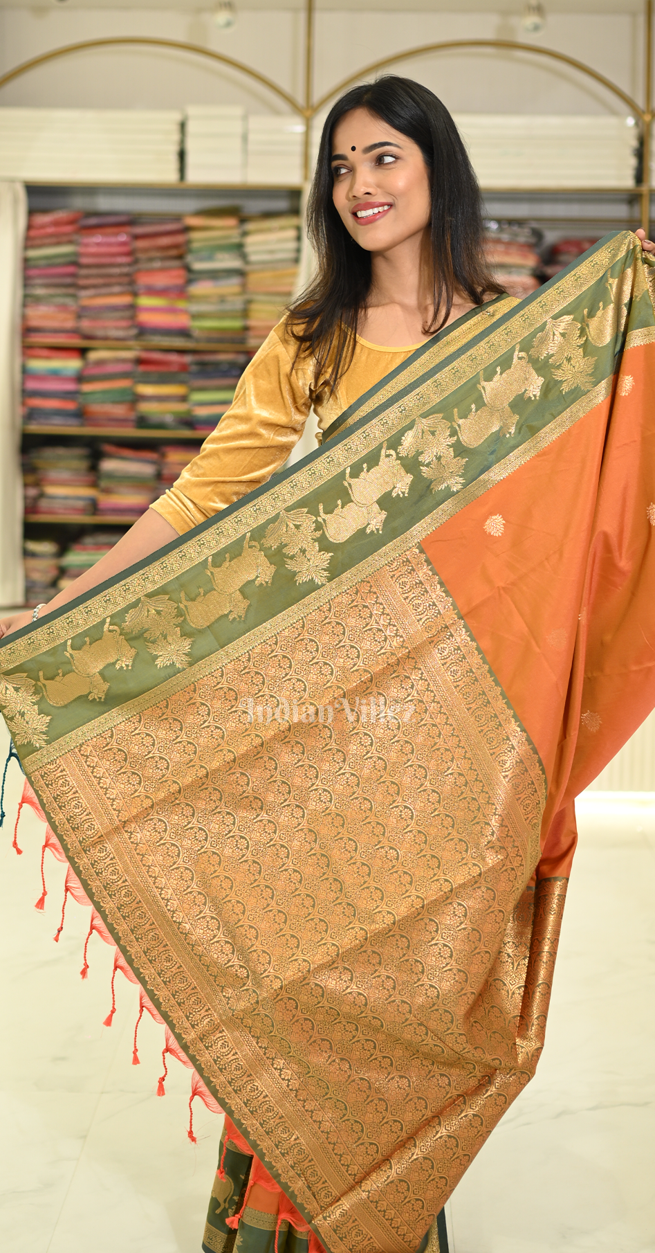 Orange Green Pichwai Satin Silk Banarasi Saree