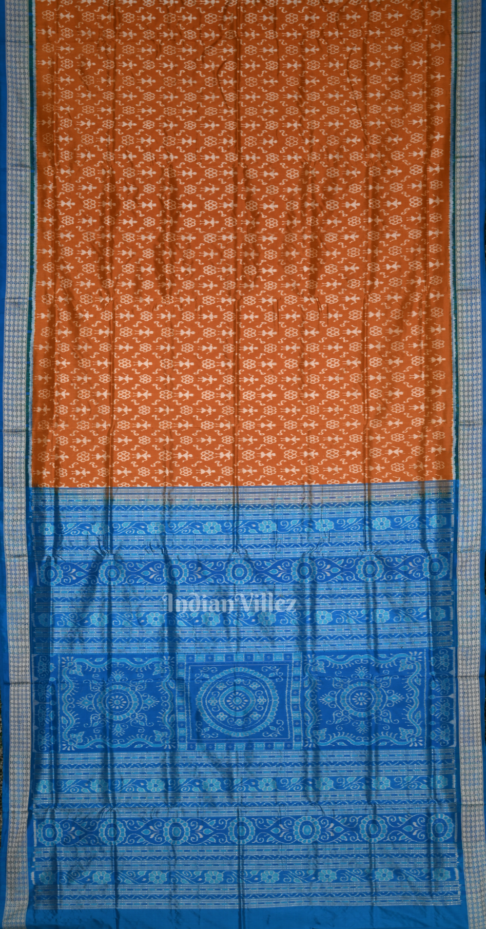 Rust Orange Blue Tribal Theme Odisha Ikat Sambalpuri Silk Saree