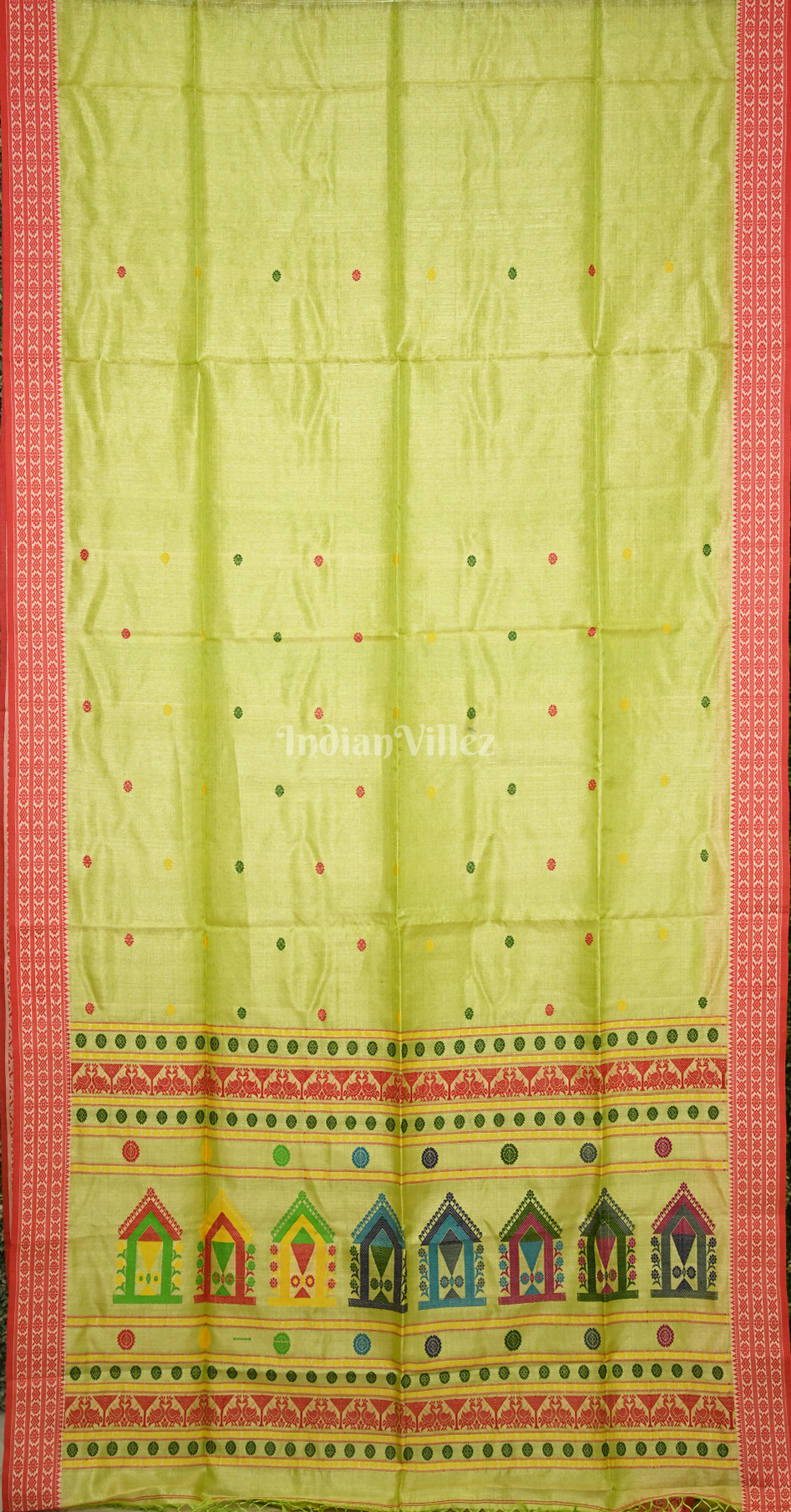Lime Green Red Buti Design Tussar Silk Jamdani Saree 