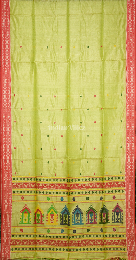 Lime Green Red Buti Design Tussar Silk Jamdani Saree 