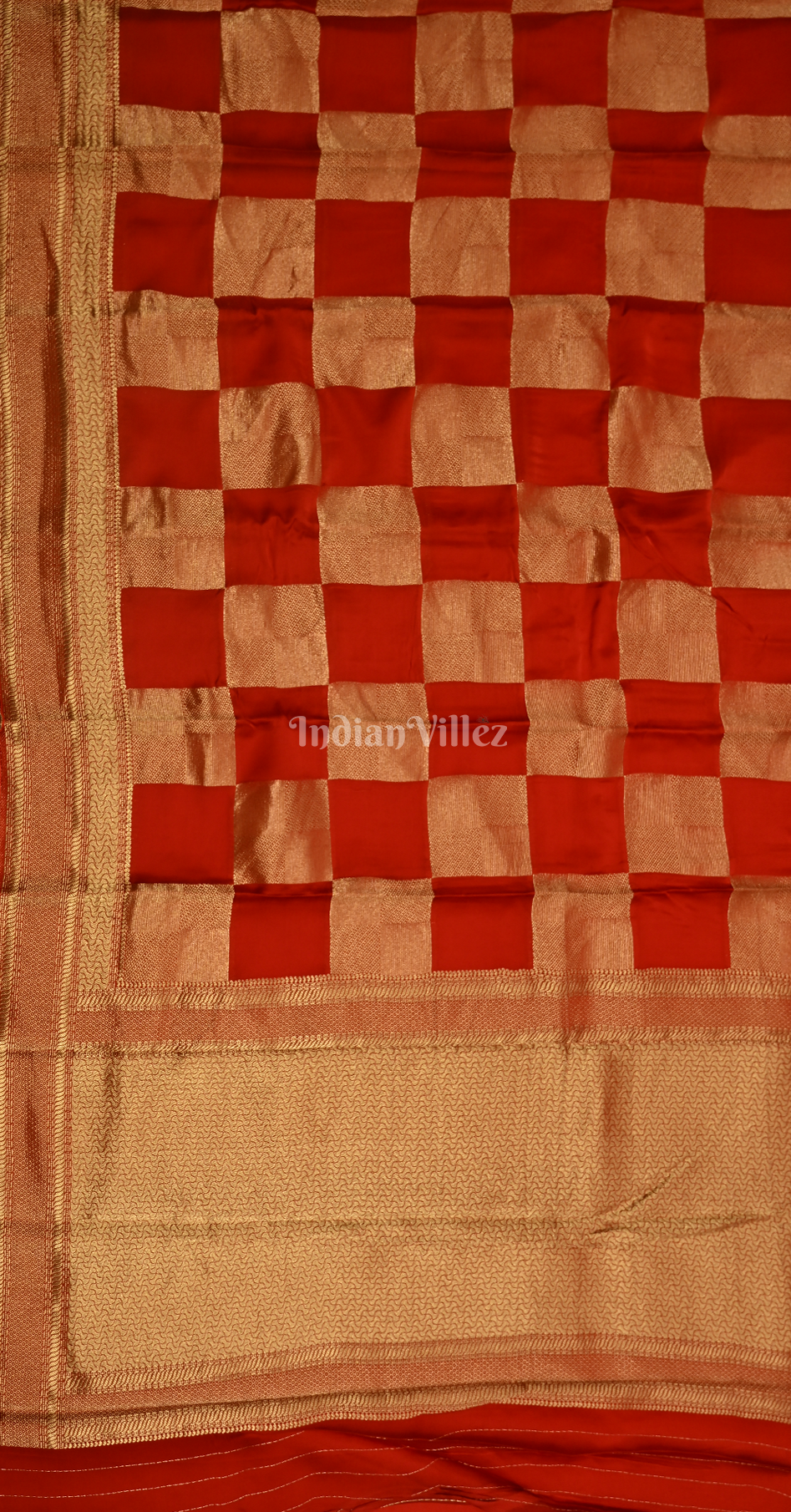 Red Golden Checks Pure Crepe Kanjivaram Silk Saree