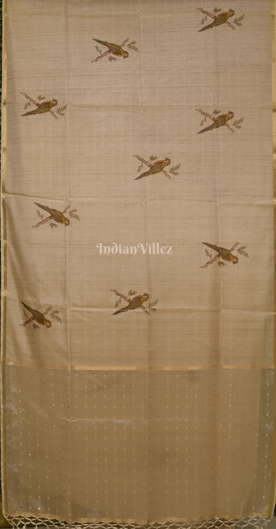 Beige Green Bird Motif Tusasr Silk Saree