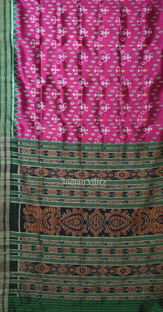 Magenta Pink Green Tribal Motif Odisha Ikat Khandua Silk Saree 