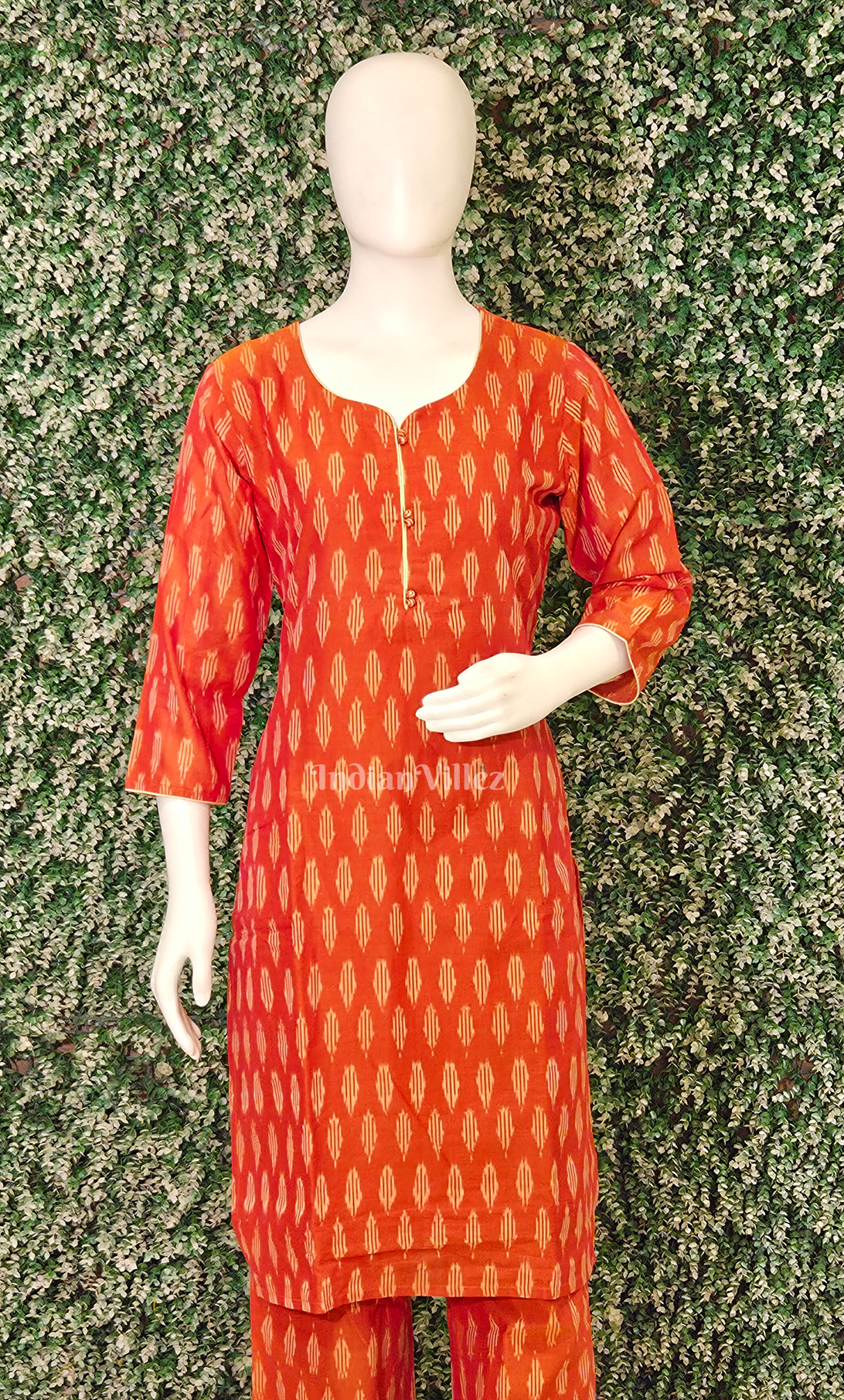 Orange Pochampally Cotton Kurti Set with Pallazo