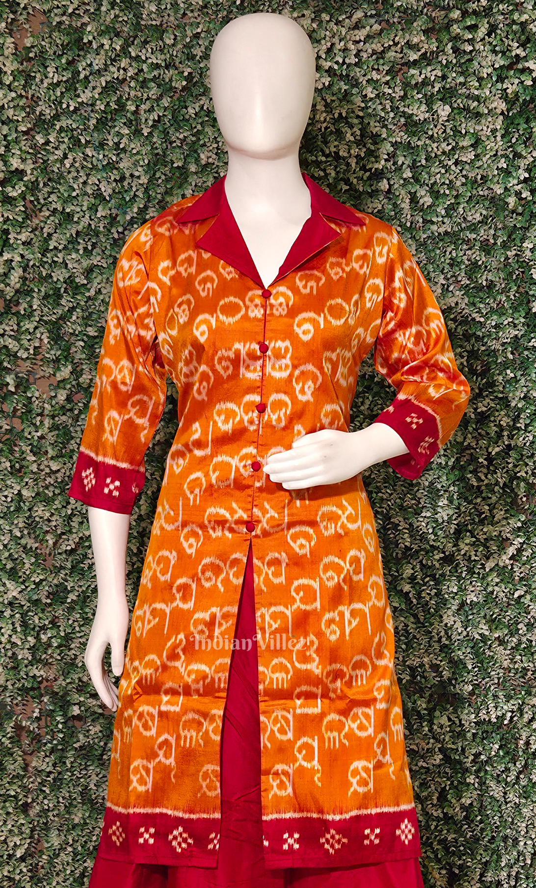 Orange Red Barnamala Odsiha Ikat Silk Kurti Set with Skirt