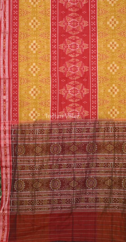 Mustard Yellow Red Body Pasapali Odisha Ikat Sambalpuri Pure Cotton Saree